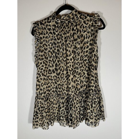KATE SPADE leopard animal print metallic ruffle sleeveless blouse peplum tie L - Picture 3 of 8